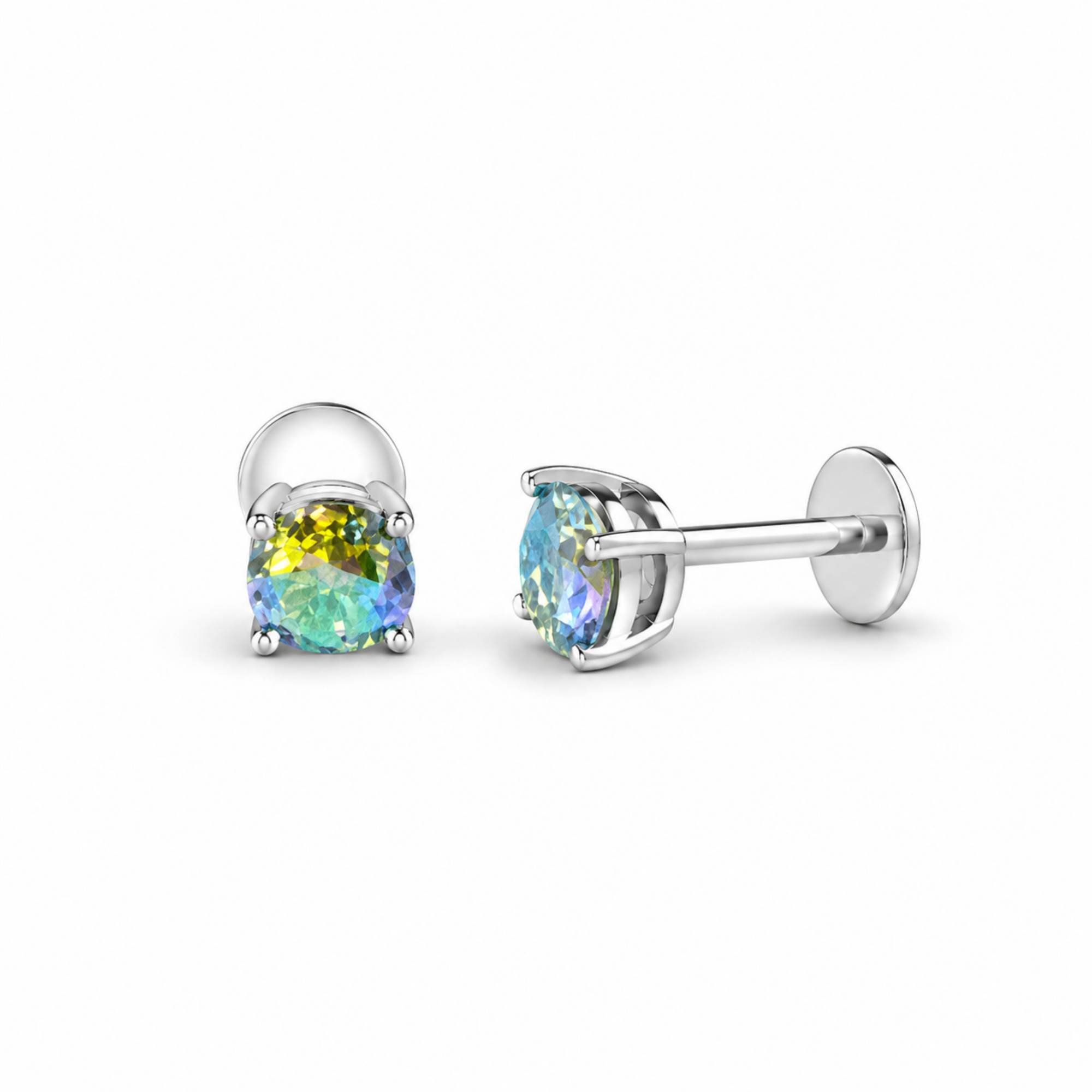 Rainbow Moissanite Stud Earrings | 925 Silver | 5mm Cushion Cut | Flatback | Ruaab
