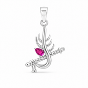 Krishna Bansuri Peacock Feather Pendant — 925 Sterling Silver | Pink Zircon | Devotional Pendant