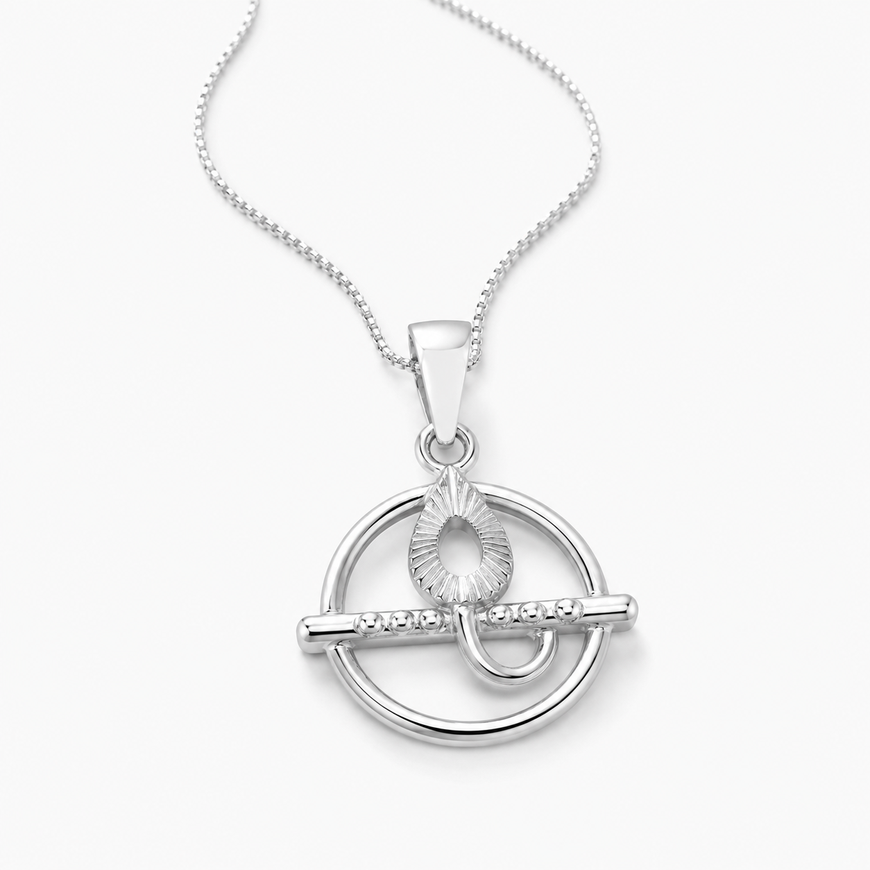 Silver pendant necklace on a white background