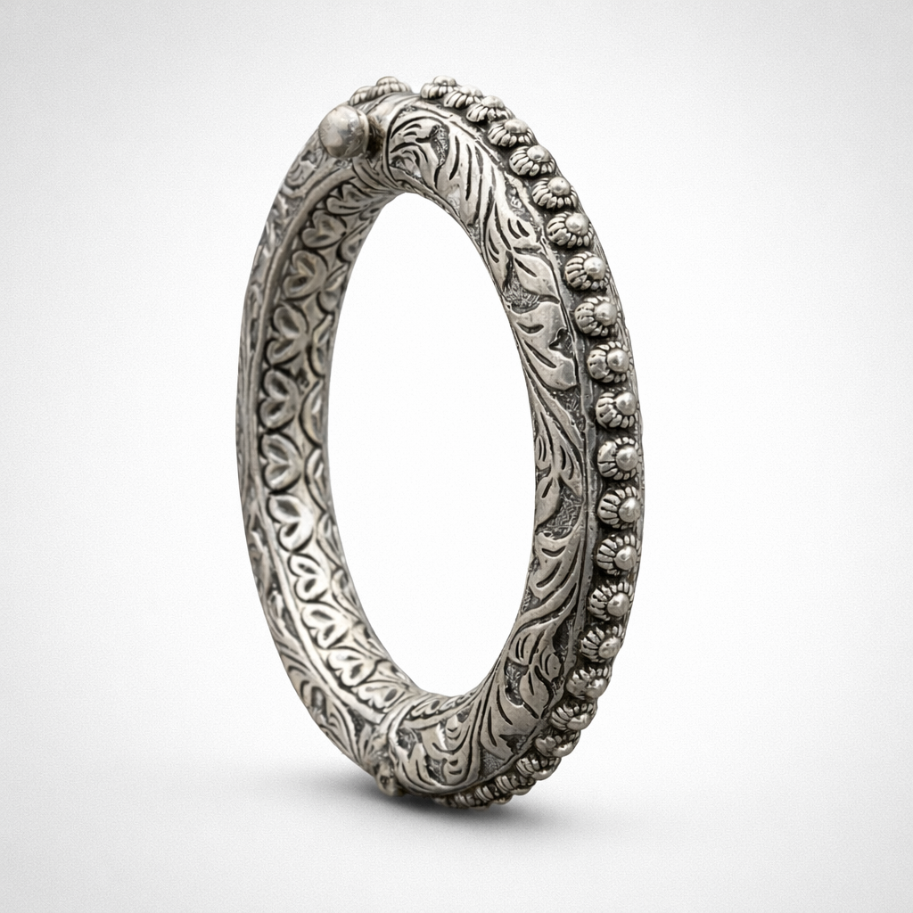 Rajwadi Beaded Kada for Men – 925 Silver - Antique Kada - Ruaab