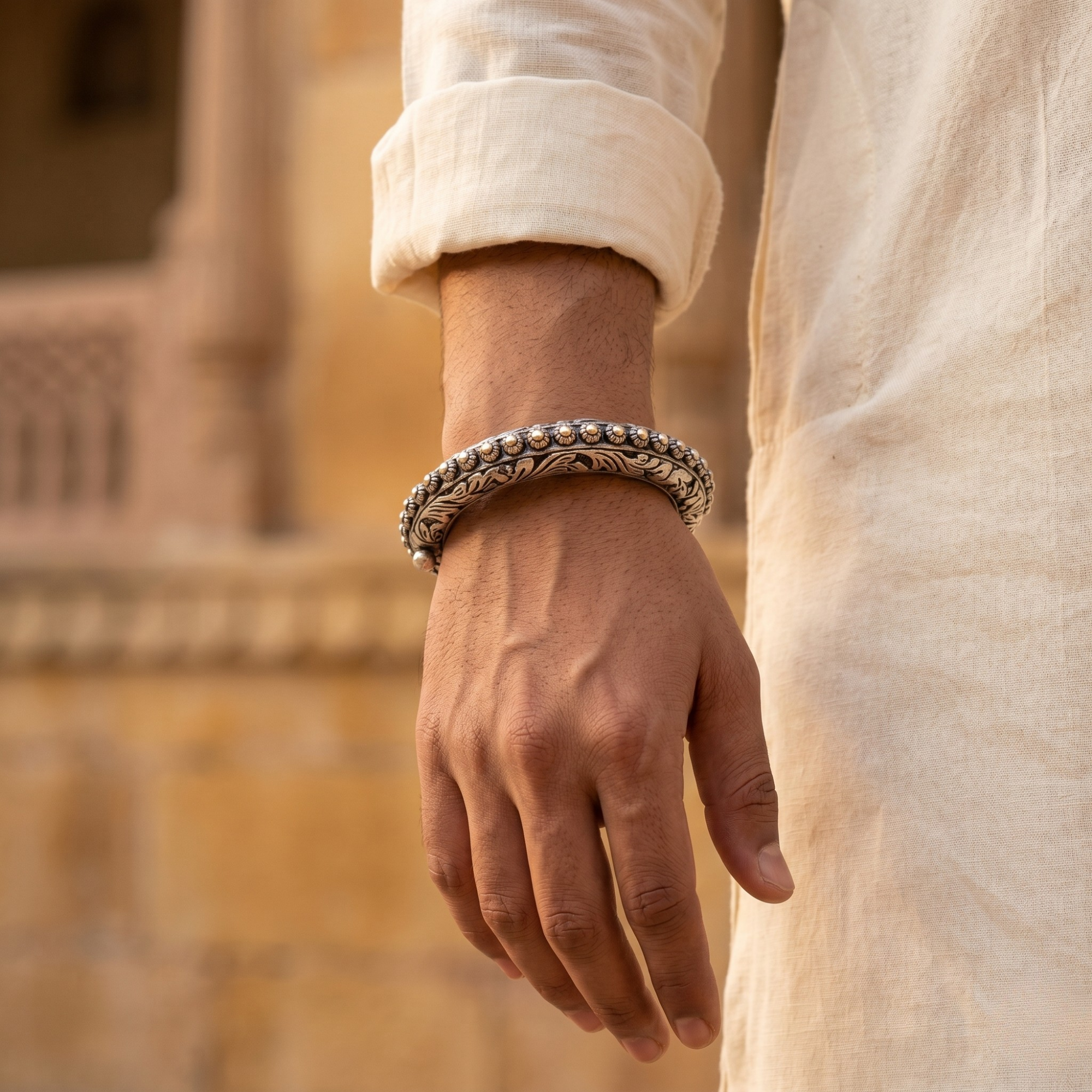 Rajwadi Beaded Kada for Men – 925 Silver - Antique Kada - Ruaab