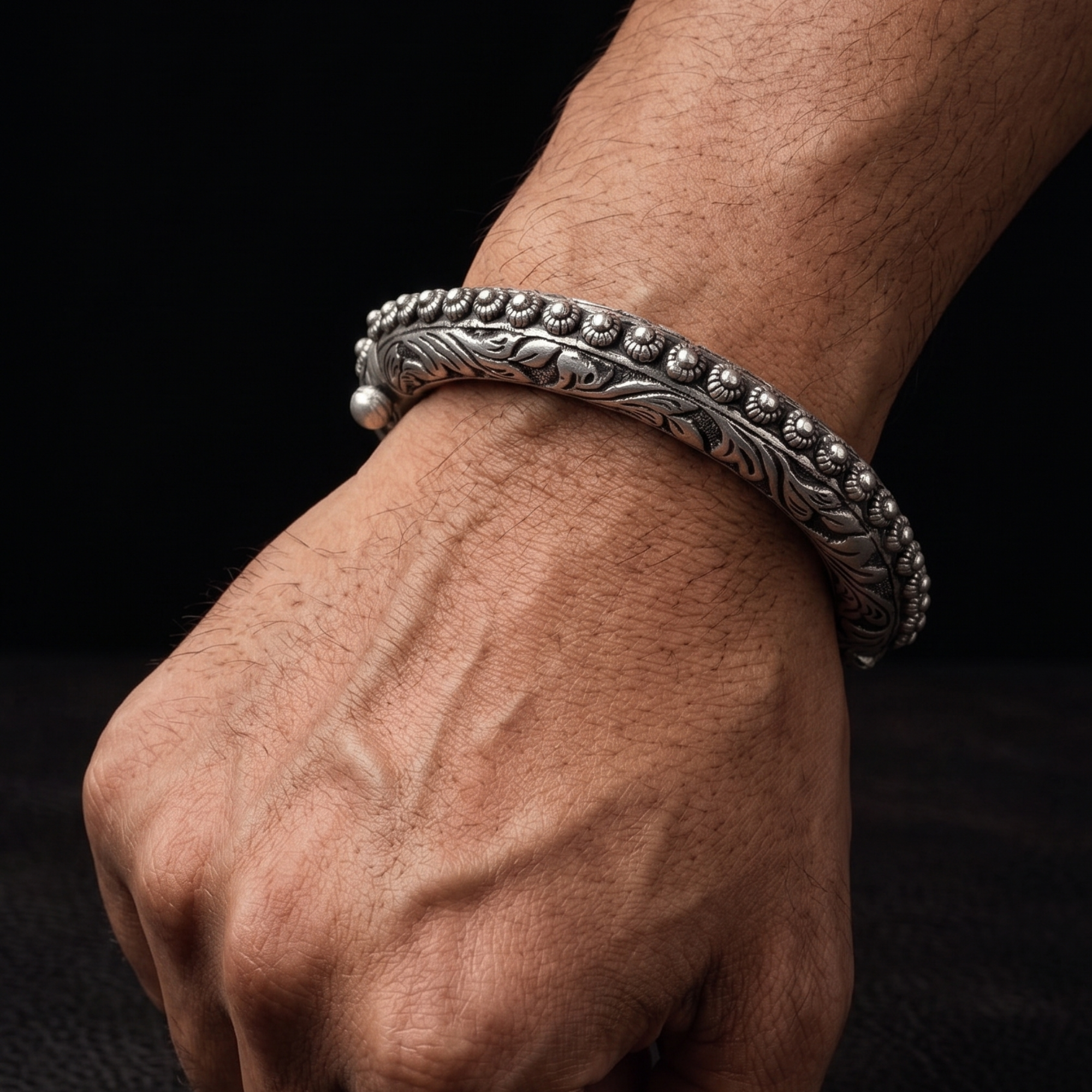 Rajwadi Beaded Kada for Men – 925 Silver - Antique Kada - Ruaab
