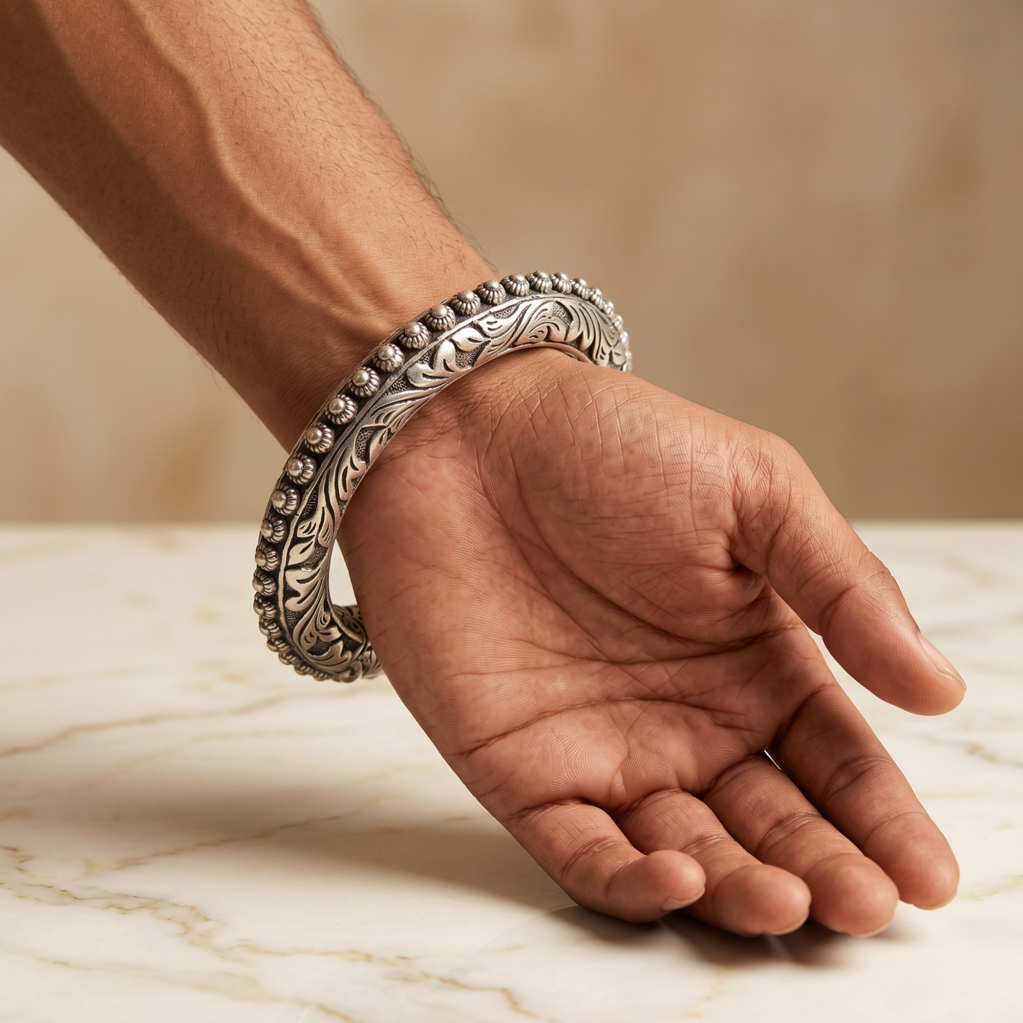 Rajwadi Beaded Kada for Men – 925 Silver - Antique Kada - Ruaab