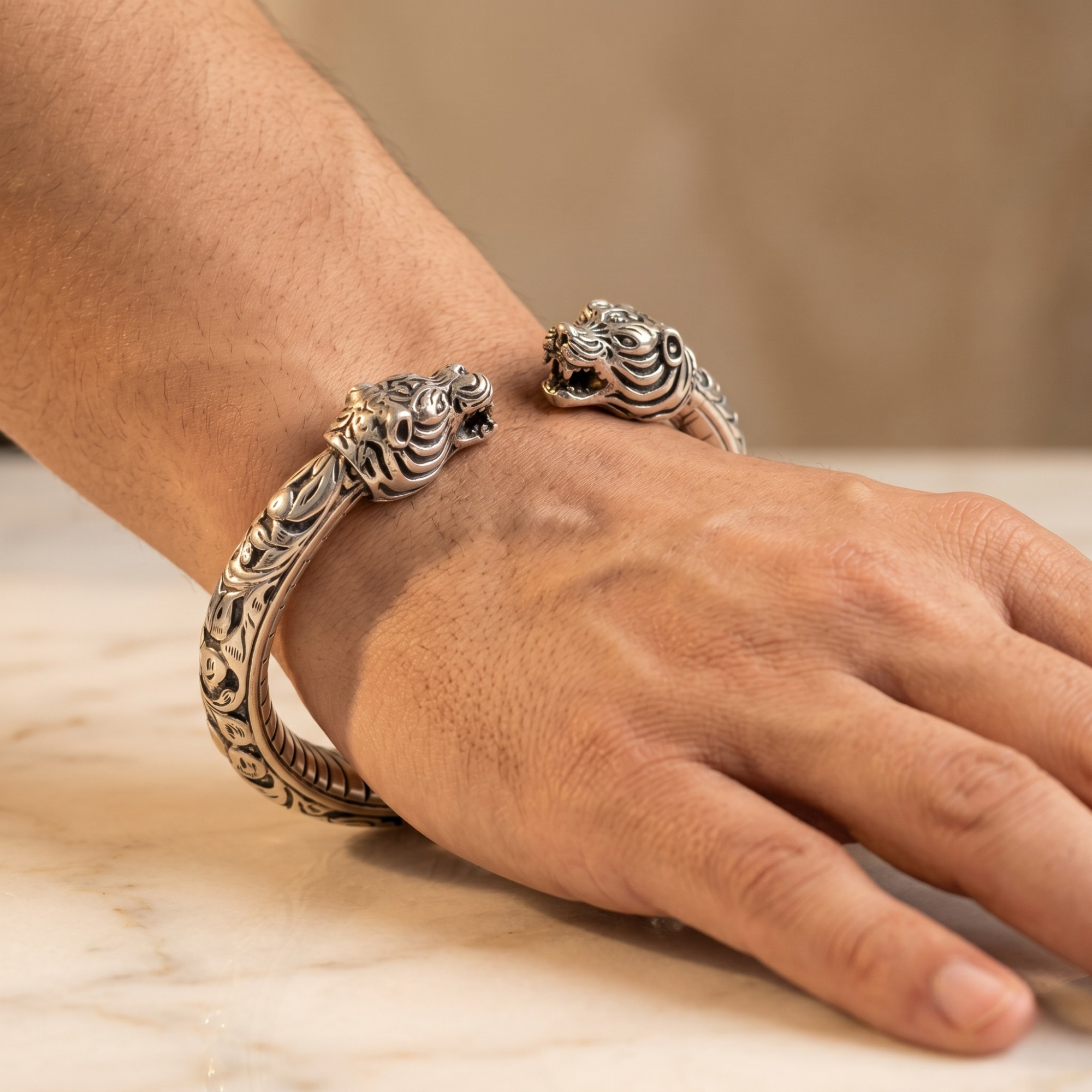 Rajwadi Tiger Head Kada – Ruaab Exclusive 925 Silver