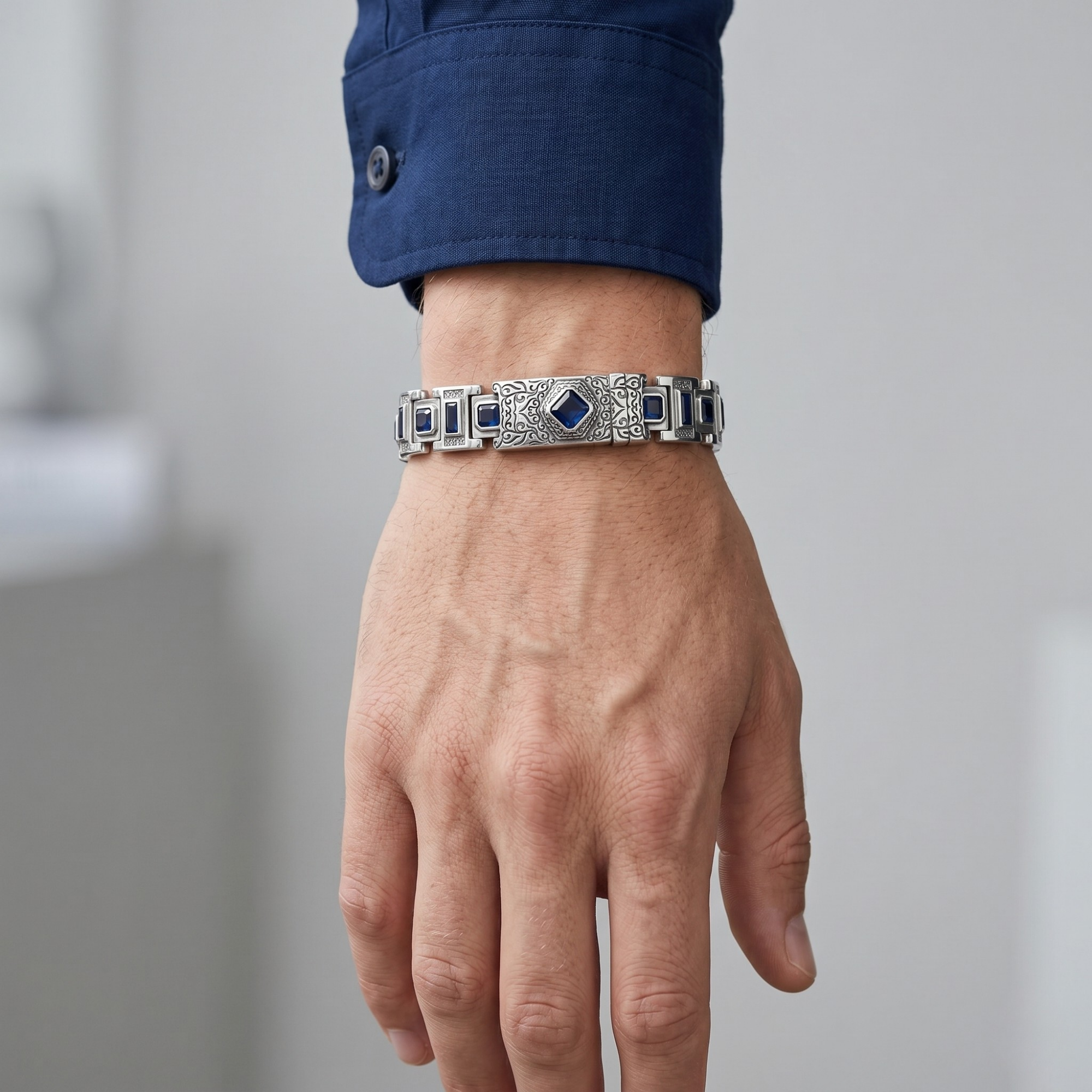 Royal Sapphire Link Bracelet – 925 Silver