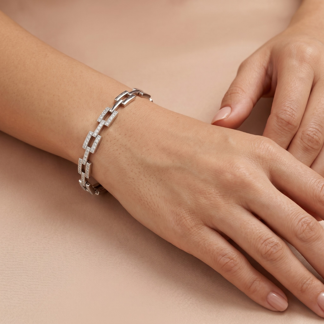 Geometric Link Diamond Bracelet – 925 Silver