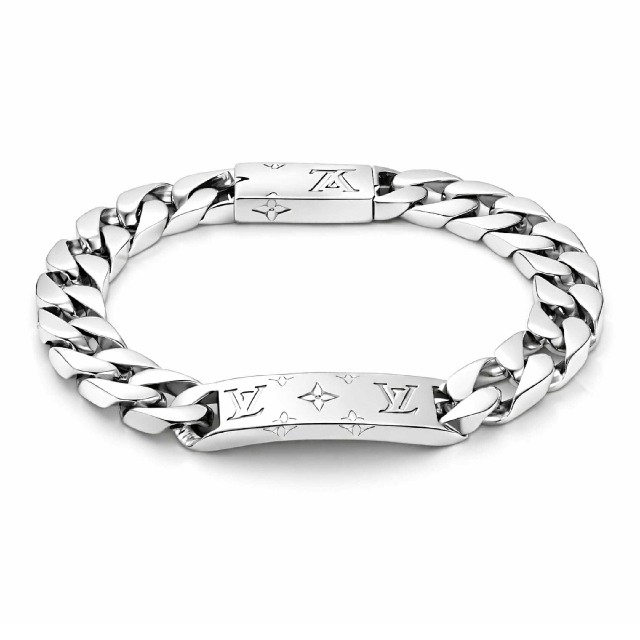 Silver chain bracelet with brand logo on a white background